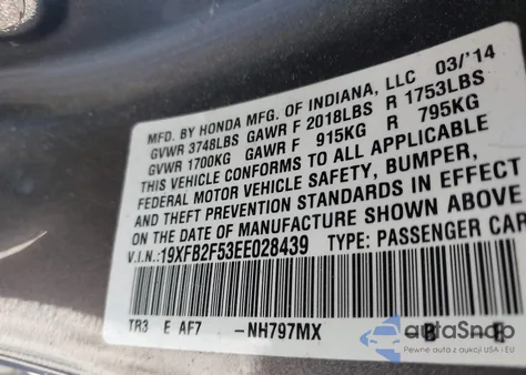 2014 Honda Civic Lx from USA, damaged, VIN 19XFB2F53EE028439